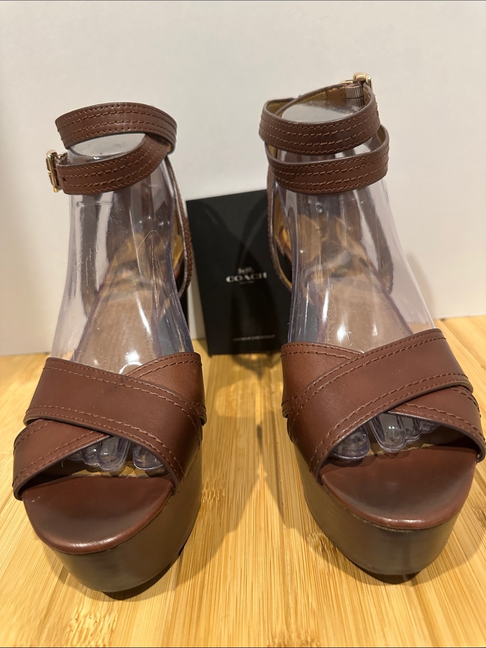 402CO- Coach Brown Leather Platform Ankle-Strap Sandals